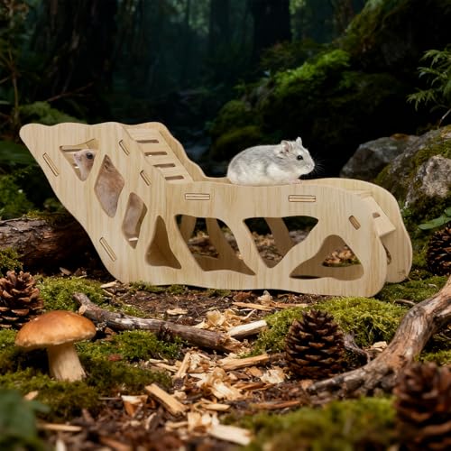 2Pcs Hamster House and Tunnel, Wooden Exploring Tunnel with Ladder, Small Animal Playground Exploring Toys for Syrian Dwarf Hamsters Gerbils Guinea Pig(Style1) - color: Style1