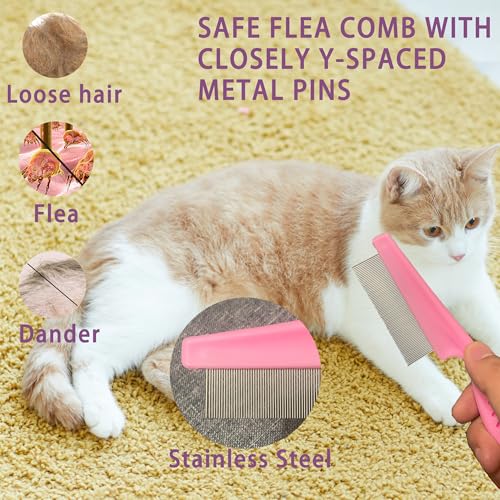 Cat Grooming Brush Kit 6 Tools - Deshedding & Dematting for Long/Short Hair, Self-Cleaning Slicker Brush with 6-in-1 Flea Comb for Cats & Kittens (Pink) - color: Pink