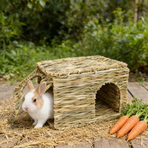 2 Pack 14.6"×10.2"×9" Foldable Large Grass Bunny House for Small Animals | Rabbit Hut Hideaway Bed with Hay Mat & Chew Toy, Fits Guinea Pigs, Hamsters & Small Animals