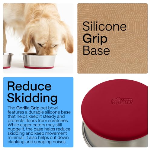 GORILLA GRIP Dog Bowl, Holds 4 Cups (32 fl oz), Food Grade 304 Stainless Steel Food and Water Bowl for Feeding Dogs and Cats, BPA Free Rubber Base, Easy Clean, Dishwasher Safe, Rust Resistant, Red - color: Red, size: 4 Cup (32 Oz)