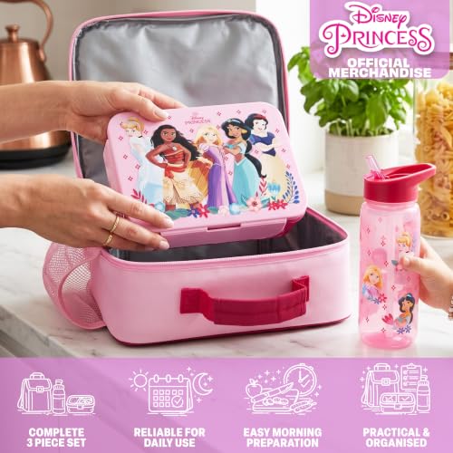 Get Trend Disney Princess Girls Lunch Bag, Bento Box & Water Bottle Set | Insulated Lunch Bag, 3 Compartment Lightweight Snack Box, 22 fl oz BPA-Free Water Bottle with Straw, School, Gifts for Girls - color: Pink/Multi Princess