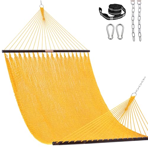 Lazy Daze XL Handwoven Caribbean Rope Hammock, 2+ Person Hammock | 13FT Polyester Outdoor Hammock with Spreader Bars & Straps & Carabiners, 500lbs Capacity for Outside, Patio, Yellow - color: Yellow