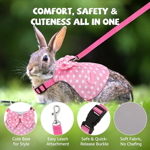 Lightweight Bunny Harness and Leash Set with Pink Polka Dot, Bunny Harness Escape Proof Breathable Suit Style Bunny Clothes for Rabbits for Small Pets Outdoor Walking Camping Size M - size: M