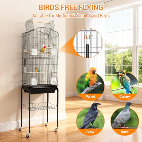 Garvee Open Top Large Parrot Bird Cage, Hanging Bird Cage with Detachable Rolling Stand and Storage Shelf, Playtop Parrot Cages Heavy-Duty Pet Birds House for Cockatiel Black
