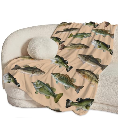 Fish Bass Blanket Decor Gifts for Fishing Lovers Flannel Fleece Fuzzy Throw Blanket Soft Warm Cozy Plush Ocean Animal Blanket for Bed Couch Living Room Stuffed Decoration for Kids Adult Man 60"x50" - color: Bassfish, size: 60"x50"
