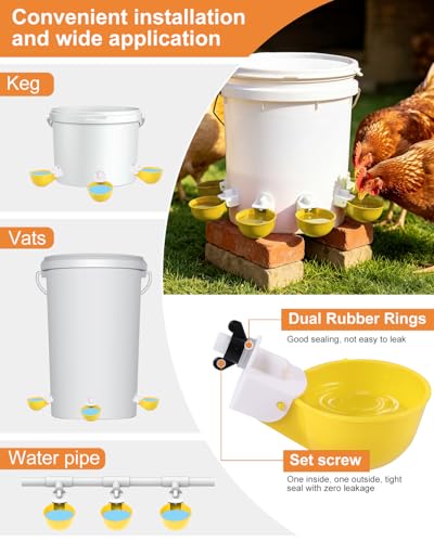 Chicken Waterer Cups (16 Pack) with 3/8" Drill Bit - Yellow | Automatic Poultry Drinker Feeder Kit for Chickens, Ducks, Turkeys, Quail, Bunnies | DIY Gravity Fed Bucket Water Dispenser - color: Yellow, size: 16 Pack + Drill bit