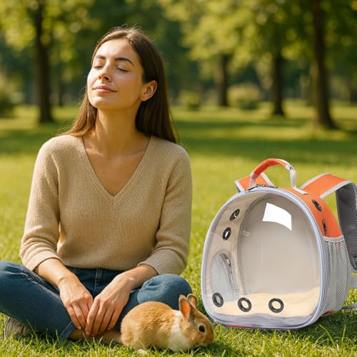 Bunny Carrier, Guinea Pig Carrier,Small Animal Carrier Backpack for Rabbit,Bearded Dragon, Lizard,Hamster,Kitten. Breathable Pet Travel Cage Bag (Orange) - color: Orange