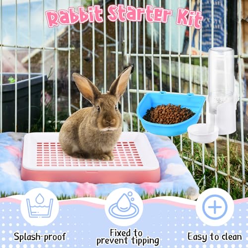 19 Pcs Rabbit Starter Kit Small Bunny Litter Box Rabbit Grooming Kit Water Bottle Bunny Toys Hay Feeder Bowl Blankets with Cleaning Set for Guinea Pig Accessories (Pink-White,Strawberry Bear) - color: Pink-white, style: Strawberry Bear