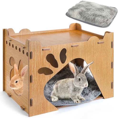 Yesland Rabbit Hideout Castle, Large Wooden Bunny Houses and Hideouts with Pet Pad, Detachable Small Animal Play Hideaway Hut and Playhouse for Indoor Bunnies Guinea Pig Hamster Chinchilla Gerbi