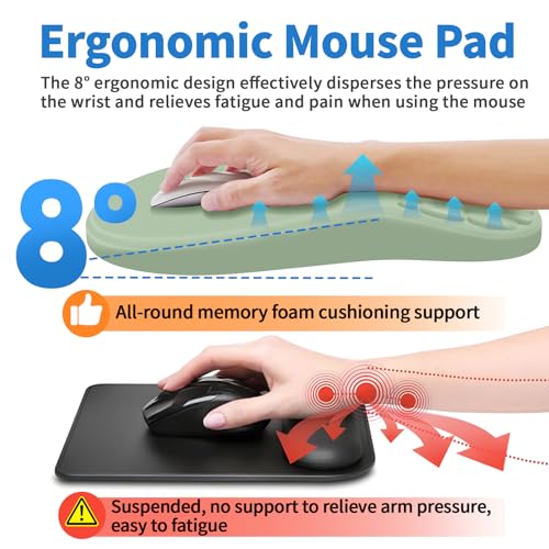 YIWEI Ergonomic Mouse Pad with Wrist Rest for Carpal Tunnel Pain Relief | Memory Foam Wrist Support,Non-Slip Rubber Base, Keyboard Computer Mousepad,Lycra Cloth Surface,Gaming Home Office - color: Green