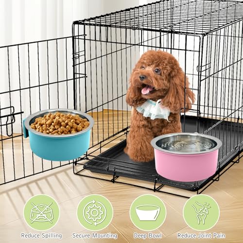 Tfwadmx 4 Pcs Crate Dog Bowl Cat Removable Stainless Steel Food and Water Feeder Hanging Cage Bowls Coop Cup with Cleaning Set for Pet Puppy Bird Rat Guinea Pig Ferret Bunny Rabbit (Light Blue, Pink) - color: Light Blue, pink (4 PCS)