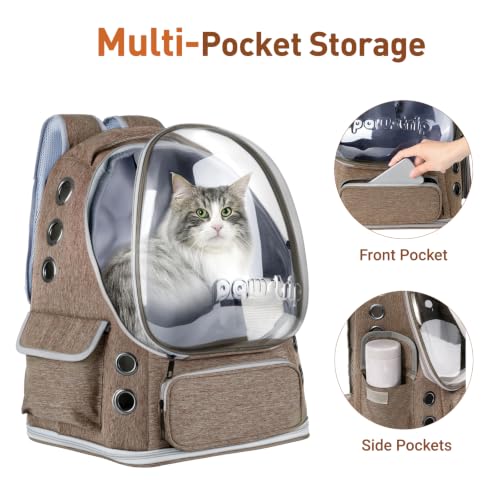 Cat Backpack Carrier Clear Bubble Window for Cats & Small Dogs up to 15 lb | Large Space Breathable Foldable Pet Carrier Airline Approved, Mesh Entry Safety Tether Washable Pad, Travel Hiking Outdoor - color: Brown