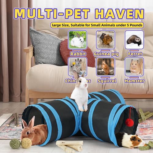 Bunny Tunnels & Tubes Collapsible 3 Way Rabbit Hideout with 13pcs Toys for Bunny Guinea Pig Hamster Chinchilla Hedgehog Rat Ferret Kitten (BK&BU) - color: BK&BU