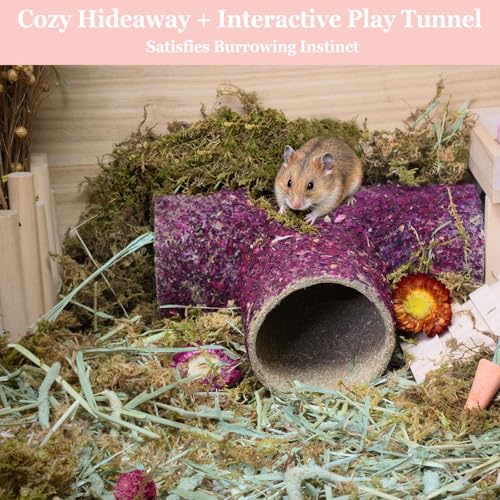 Hamster Hideout Tunnel Natural Hay & Dried Flower Paper Tube Maze Burrowing Habitat Decor for Dwarf Hamsters Gerbils Mice Syrian Hamsters (Rose Flower)