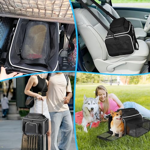 Top and Side Expandable Small Pet Carrier Airline Approved, Black | 17"Lx11"Wx9.5"H, for Alaska Airlines, Pets Under 10 Lbs, Lockable Zippers,Soft-Sided, Anti-Scratch Mesh - color: Black, size: 17.0"L x 11.0"W x 9.5"H