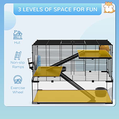 PawHut Large Hamster Cage Deep Tempered Glass Bottom 30"x19"x21.5" Black | 3 Tiers Hamster Tank, Running Wheel, Hut, Water Bottle, Dish, Rat Cage for Syrian, Dwarf, Gerbils, Mouse - size: 30.1"L x 19.0"W x 21.5"H