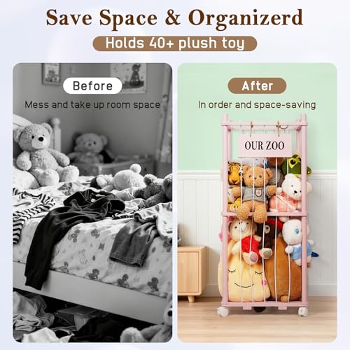 Stuffed Animal Storage Zoo, Wooden Stuffed Animal Organizer with Wheels | Stuffy Storage with Upgraded 5-Row Elastic Cords, Space-Saving Plush Toy Storage Holder for Playroom, Bedroom, Nursery - color: Pink, size: Small