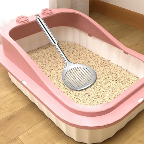 Cat Litter Scooper Accessories, Cat Litter Scoop Metal Cat Poop Sifter Pet Supplies with Non-Slip Long Handle Home Cat Scooper Stainless Steel Poop Sifting Cleaning for Litter Box