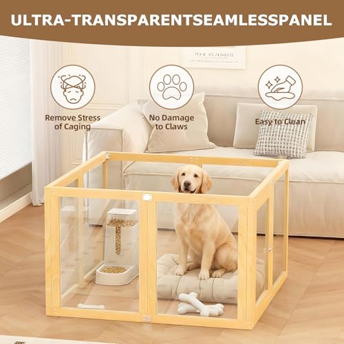 8 Panel Elegant Wooden Frame Clear Acrylic Indoor Puppy Playpen | Stain-resistant waterproof layering designed for hassle-free cleaning and long-lasting furniture protection - size: 8 Panel 39.4x39.4in