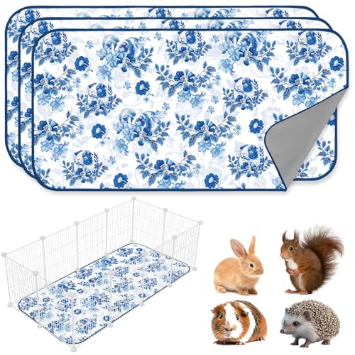 JarThenaAMCS 3 Packs Guinea Pig Pee Pads 24" x 47" Reusable Guinea Pig Pee Mat Watercolor Blue Flower Washable Small Animal Cage Liner for Rabbit Hamster Chinchilla Ferret Rat - style: blue flower