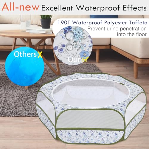 Pawaboo Small Animal Playpen with Zippered Cover, Blue + White Flower | Portable pop-up pet tent for supervised rabbits, guinea pigs, chicks and kittens; water-resistant bottom and 3 metal rods - color: Blue + White Flower