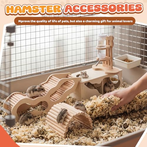 5 Pcs Hamster Cage Accessories, Wood Hamster Play Wooden Platform Water Bottle with Stand Climbing Set for Rat Mice Small Animals Pets Habitats Woodland Decor(Peek House) - style: Peek House