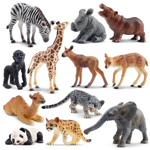Toymany 12PCS Forest Animals Baby Figurines, Realistic Woodland Animals Figures Toys Includes Elephant, Mountain Lion, Giraffe and Deer Cubs, Cake Toppers Christmas Birthday Gift for Kids Toddlers - style: Baby Wild Animals