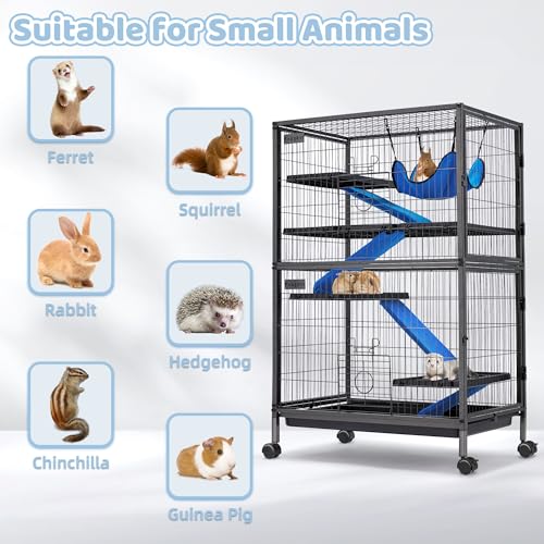 Fragess Small Animal Cage, 50" H Large Metal Rolling 5-Tiers Guinea Pig Cage, Ferret Cage, Rabbit Cage, Chinchilla Cage for Rats/Hamsters, 0.5" Bar Spacing with Removable Ramp & Platform (Large)