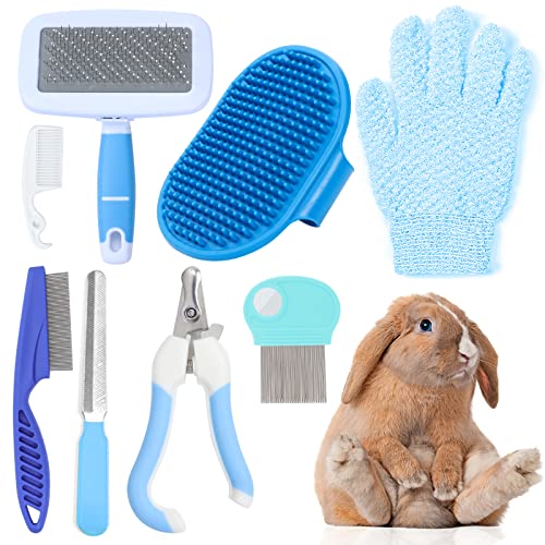 VCZONE Small Animal Grooming Set: Pet Nail Clipper & File, Flea Comb, Shampoo Brush, Shedding Slicker Brush, Massage Glove, Cleaning Comb (Blue) - color: Blue