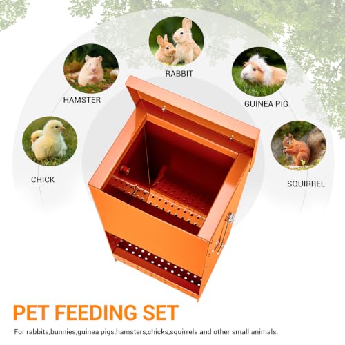 Rabbit Feeders Automatic for Cages,Orange 5 Pound Large Metal Trough Feeder | With Lid Galvanized Steel Outdoor Bunny Food Dispenser for Rabbits Chicken Guinea Pig Pet Other Small Animals