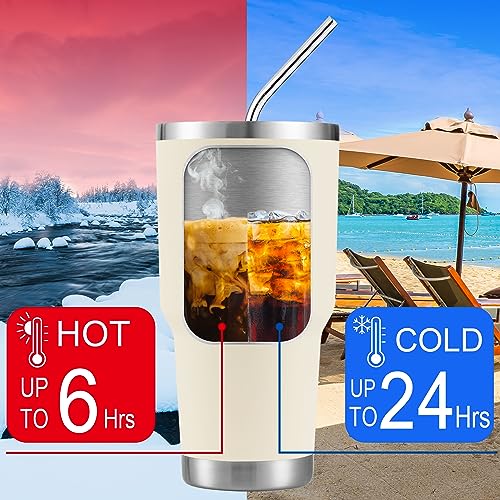 D·S 30oz Cream Tumbler Double Wall Vacuum Insulated Travel Coffee Mug | Double Wall Vacuum Suit Cold and Hot Drink Fits in standard car cup holders With Splash-Proof Lid - color: Cream