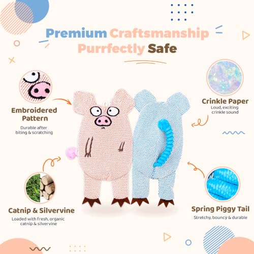 Cat Toys for Indoor Cats, 2 PCS 8000mg A+Natural Catnip Silvervine Crinkle | Interactive Cat Toys Pig with Bell Elastic Tail, Baby-Grade Plush Chew Toy Teeth Cleaning, Catnip Cat Kicker Toy for Kitten