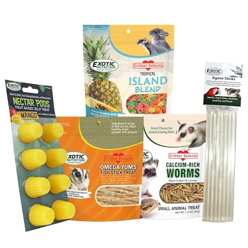 Sugar Glider Treat Bundle - Natural Healthy Assortment - Nectar Pods, Fish Sticks, EZ Worms, Agave Sticks - Suagr Gliders, Rats, Chinchillas, Ferrets, Hamsters, Hedgehogs & Other Small Animals