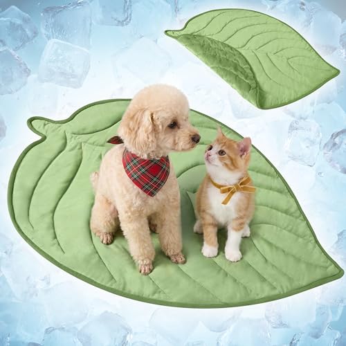 PetAmi Dog Cooling Mat, Leaf Shape, Pet Pad with Cooling Nylon & Soft Fleece, Q-Max > 0.4 Reversible All Season Blanket for Dogs & Cats, Small 32x39 in, Sage Green - color: Sage Green, size: Small