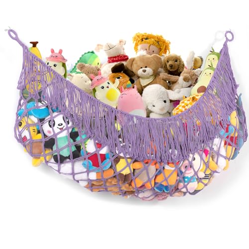 Extra Large Stuffed Animal Net Hammock - [56'' Long/Handwoven Macrame/Lavender] Hammock Storage for Flat Wall, Hardware Included
