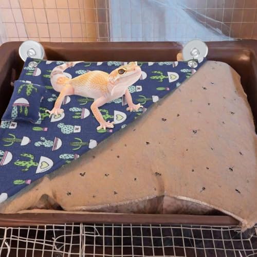 DQITJ 2 Pcs Reptile Hammock with Small Pillow Swing Hanging Bed Lounger Ladder with Adhesive Hooks and Suction Hook for Lizard Leopard Gecko Bearded Dragon Rat (Beige and Blue)