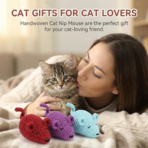 Catnip Toys Crochet Mice Cat Toys, 3 Pcs Handmade Durable Yarn Mice Toys with Natural Catnip & Silvervine, Interactive Kitten Chew Kicker Toy for Teeth Cleaning & Anxiety Relief - color: 3pcs