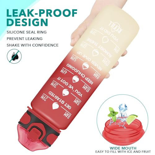 Enerbone 32 oz Drinking Water Bottle with Times to Drink and Straw, Motivational with Carrying Strap, Leakproof BPA & Toxic Free, Ensure You Drink Enough Water for Fitness Gym Outdoor - color: Cherry Cream