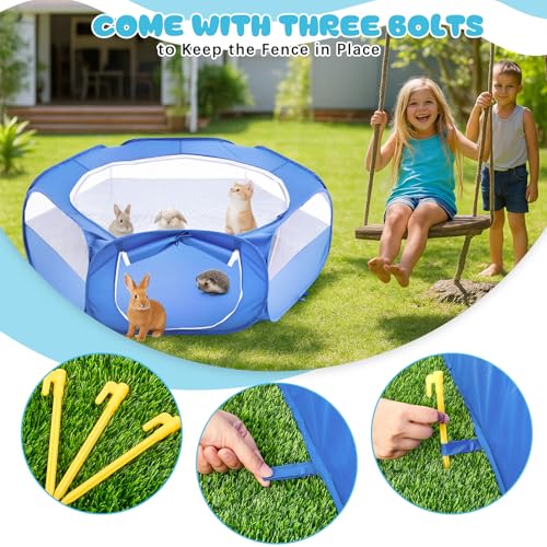 Small Animal Playpen & Grooming Kit, Portable Foldable Pet Playpen with Mesh Top for Rabbits, Guinea Pigs, Hamsters, Hedgehogs, Includes Feeding Bowls, Grooming Tools, and Bedding Mat, Blue