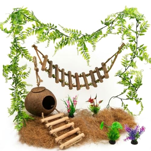 Crested Gecko Tank Accessories, Reptile Bridge and Plants with Coconut Shell Ladder Hideout, Natural Terrarium Decor for Lizard, Chameleon, Leopard Gecko, Snake, Hermit Crab and Tortoise (8PCS) - color: Group A