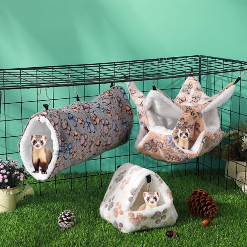 Abbylike 9 Pieces Rat Hammock 3 Tier Guinea Pig Ferret Hammocks Small Pet Hanging Tunnel Glider Toy Guinea Pig Ferret Hideout Bed Cage Accessories for Hamster(Light Brown, White, Black,Paw) - color: Light Brown, White, Black