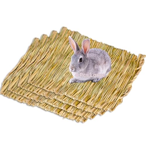 Hamiledyi Rabbit Grass Mat 4PCS Large Woven Bed Mat for Small Animal Bunny Bedding Nest Chew Toy Bed Play Toy for Guinea Pig Parrot Rabbit Bunny Hamster Rat