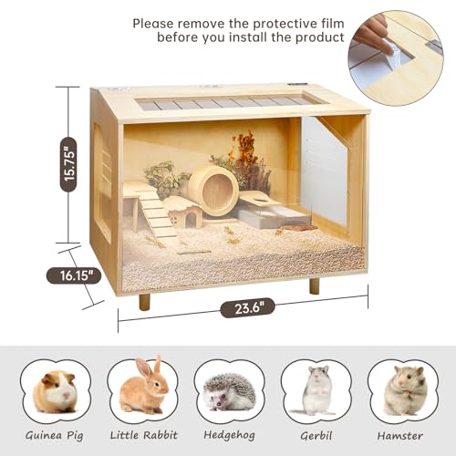 Wooden Hamster Cage - 24 inch Guinea Pig Cage Clear Small Animal cage with Open top Hamster Habitat Wooden Frame with Acrylic Panel | Acrylic and Plywood, Indoor Small Animal Use, Open Top, Clear Panels, Pull-Out Front, 23.6 x 15.7 x 18.5 Inch - size: 23.
