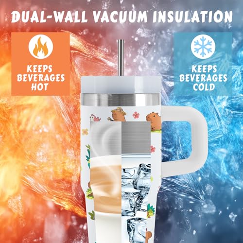 Capybara 14 oz Water Bottle, with Handle Straw, Insulated Cup | 14oz Capybara Stainless Steel Sports Tumbler, Reusable Leak proof Vacuum Mug, Christmas Birthday Animal Gift for Daughter Son - color: Capybara-White