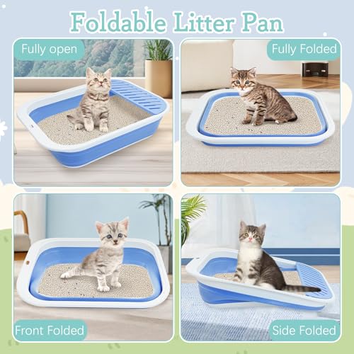 Fhiny Kitten Litter Box Portable Shallow Litter Box 17.7"x13.4"x4.9" Foldable Cat Toilet with Scoop Open Kitty Potty Pan with Litter Drop Pedal Easy to Clean Travel Kitten Toilet(Blue) - color: Blue-M