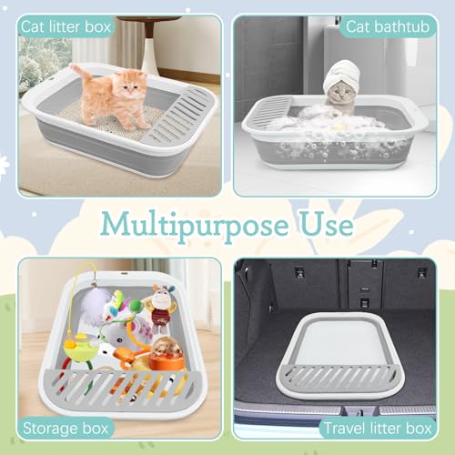 Fhiny Kitten Litter Box Portable Shallow Litter Box 17.7"x13.4"x4.9" Foldable Cat Toilet with Scoop Open Kitty Potty Pan with Litter Drop Pedal Easy to Clean Travel Kitten Toilet(Gray) - color: Grey-M