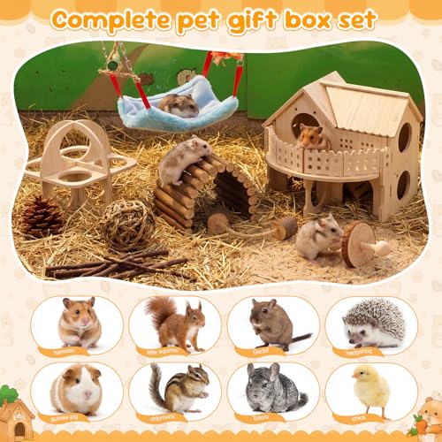 11 Pcs Hamster Cage Accessories Guinea Pig Toys Set, 9.5 Inch Silent Gerbil Wheel Wooden Hideout Chew Toys Bridges Tunnels for Dwarf Hamster Mouse