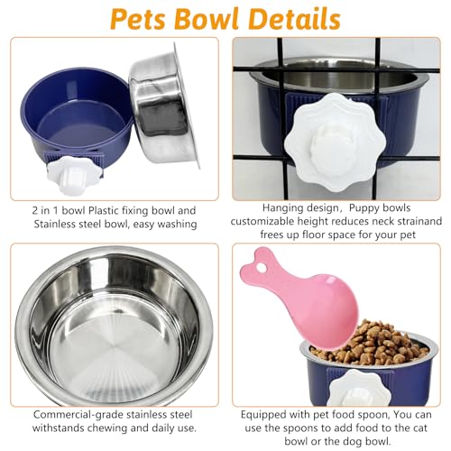 Hamiledyi Crate Dog Bowl Cat 2 Pcs Removable Stainless Steel Hanging No Spill Pet Bowl for Kennels Durable Detachable Design Fits Small Medium Dog Cages (Dark Blue - color: Dark Blue