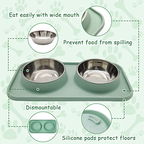 BNOSDM Double Dog Food Bowls Stainless Steel Dog Food and Water Bowls with Non-Spill Plastic Mat Pet Cat Feeder Bowl Set for Puppy Cats Kitten Small Medium Dogs Green - color: Green