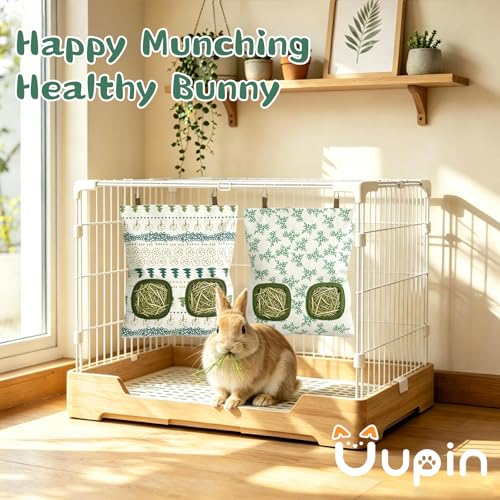 Rabbit Hay Bag 2 Pack - 2 Holes Hanging Bunny Hay Feeder Holder with Metal Hooks, Oxford Cloth Guinea Pig Feeding Bag Storage for Chinchillas Hamsters and Small Animals (White Green) - color: White Green